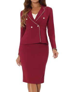 Allegra K  2 Piece Skirt Set Tweed Trim Long Sleeve Blazer Pencil Skirt Small